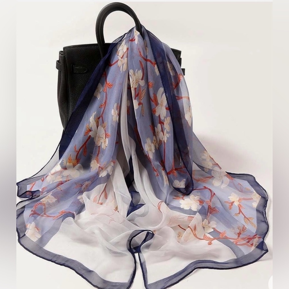 NWT Floral Sheer Scarf Misty Blue White Lightweight Wrap